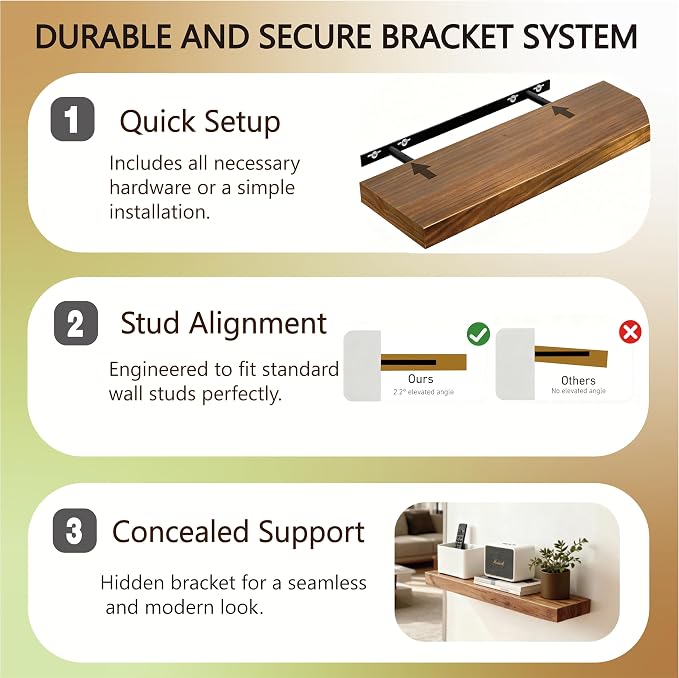 Solid Wood Floating Shelves,23.6in Finished Real Wood Wall Shelves with Heavy-Duty Hidden Bracket, Easy Installation, Set of 2, 23.6in x 7.1in x 1.5in, for Living Room Bedroom Kitchen,Bronze