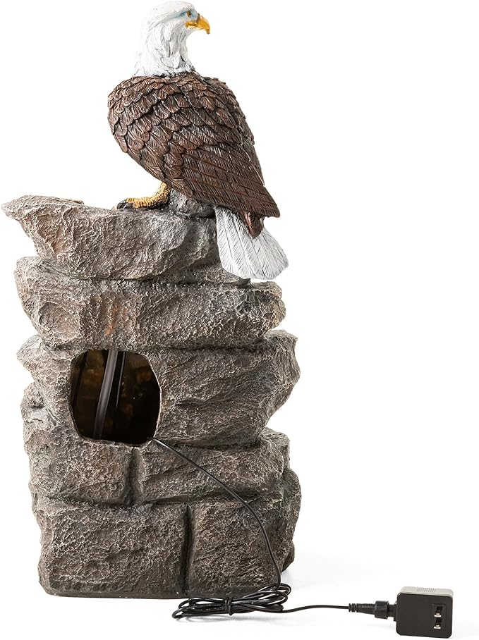Glitzhome Outdoor Water Fountain with Lights, 4-Tiered Eagel Outdoor Fountain, 25.25" H Polyresin Decorative Waterfall Feature Garden Fountain with Pump for Garden, Patio, Yard, Deck, Porch Decor