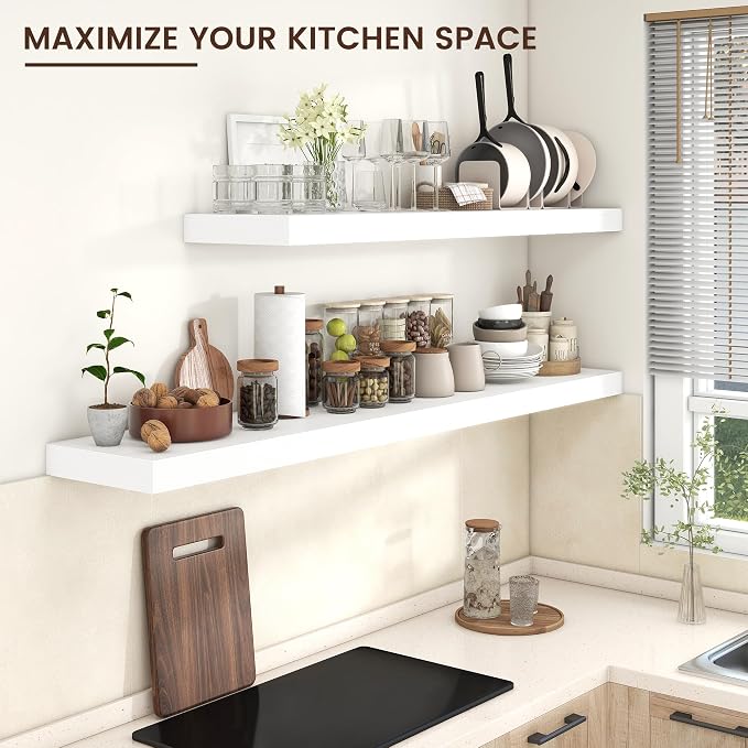 72 Inch Floating Shelves for Wall, 12"D Wood Storage Shelves, White Finish