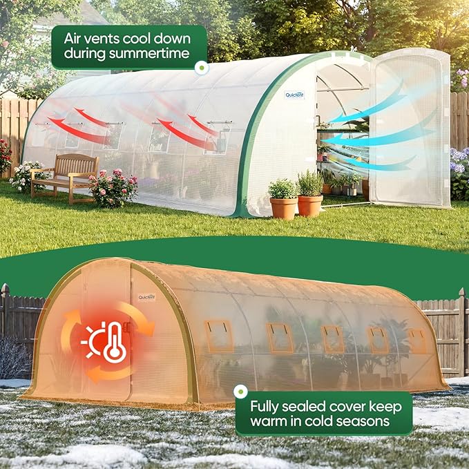 Quictent 25x10x6.6 FT Premium Greenhouse for Outdoors with 2 Door Frames, Reinforced Top Structure & Cover, Large Heavy Duty Walk-in Tunnel Hoop Green House for Garden Backyard Flower Winter, White