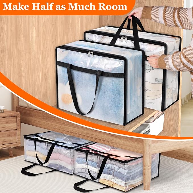TasticTotes 8 Pack Clear Storage Bags for Comforter, Clothes & Bedding, 40L
