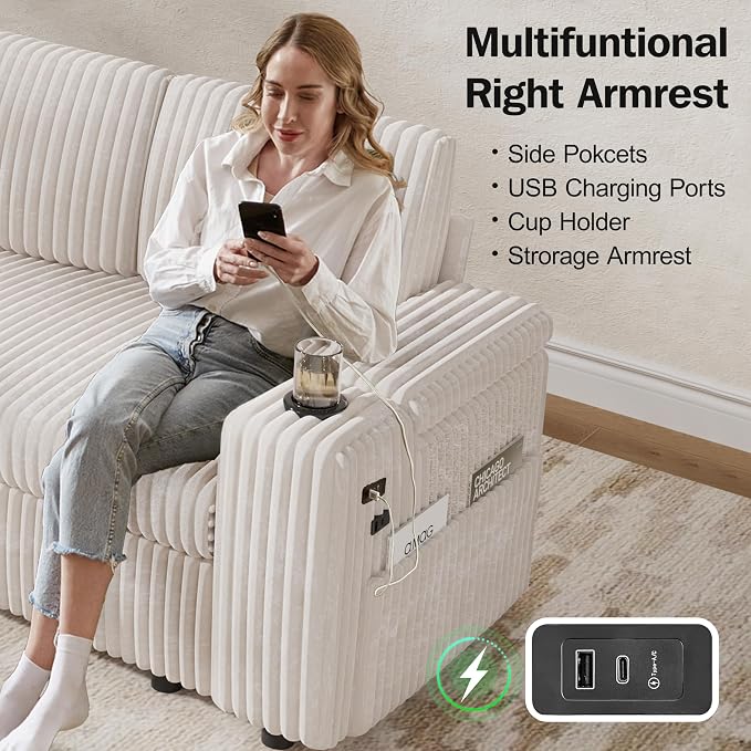 Vipbear 108" Modular Sectional Sleeper Sofa with Pull Out Bed, 4 Seat Plush Corduroy U Shaped Couch with USB Ports|Cup Holders|Side Table|Storage Chaise Armrests, Tool Free Assembly, Beige