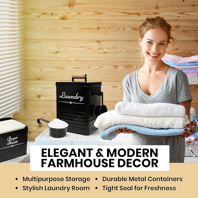 Farmhouse Metal Laundry Detergent Pod Container With Dryer Sheet Holder | Laundry Room Organization & Storage Containers for Powder, Pods, Dryer Sheets & Beads, Holds Over 200 Pods and 300 Sheets