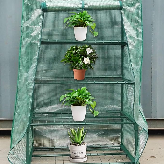 Sfcddtlg 4 Tier Greenhouse Replacement Cover with Roll-Up Zipper Door-PE Plant Greenhouse Cover for Indoor Outdoors Gardening Plants Cold Frost Protection Wind Rain Proof (Frame NOT Include)