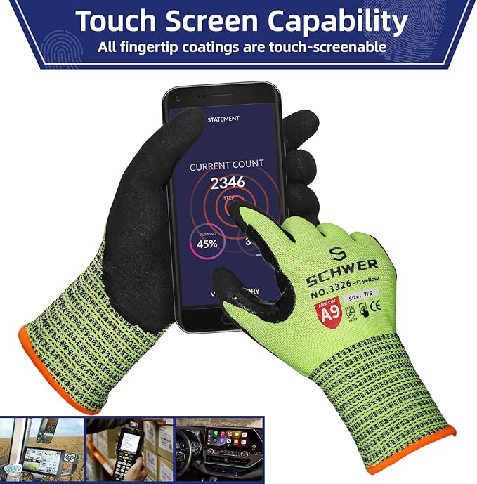 Schwer ProGuard Highest Level Cut Resistant Work Gloves PR3326 for Extreme Protection,ANSI A9 Cut Gloves with Reinforced Thumb, Non Slip, Breathable, Durable, Touch-screen, Yellow 1 Pair(M)