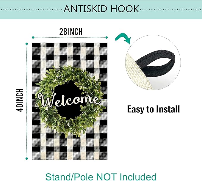 Baccessor Boxwood Wreath Welcome House Flag Vertical Double Sided, Buffalo Check Plaid Rustic Farmhouse Burlap Garden Yard House Flag Outdoor Decoration 28 x 40 Inch