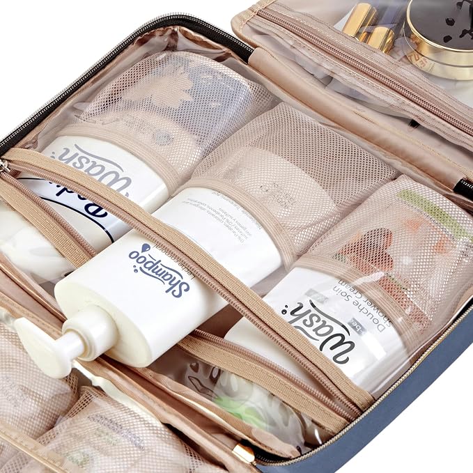 NISHEL Travel Toiletry Bag for women, Portable Hanging makeup Organizer | for Travel-Sized Shampoo, Conditioner, Brushes Set, makeup Accessories, Large Size, Aegean-Blue