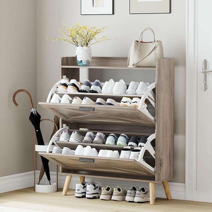 Homleke Farmhouse Shoe Storage Cabinet with Flip Drawers & Barn Door Design