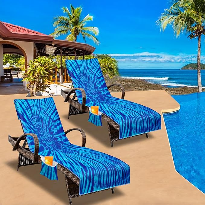 Beach Chair Cover with Side Pockets (1Pc), Thick and Quick Dry Lounge Chair Towel Cover for Sun Lounger Pool Sunbathing Garden Beach Hotel, No Sliding,Blue Tie Dye