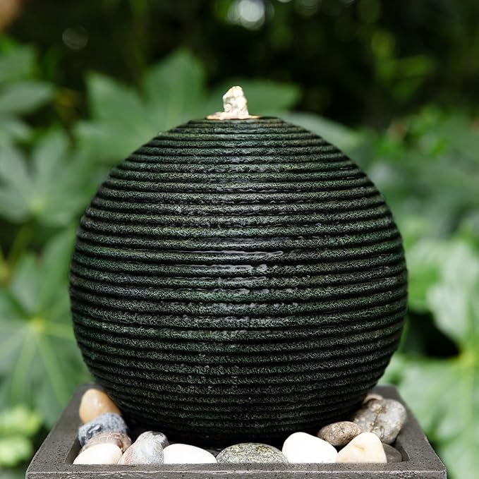 Glitzhome Outdoor Water Fountain, 36.5" H Polyresin Outdoor Fountain with Pebbles, Pump and LED Light, Modern Geometric Pedestal and Sphere Garden Fountain Waterfall for Patio, Backyard, Porch, Deck