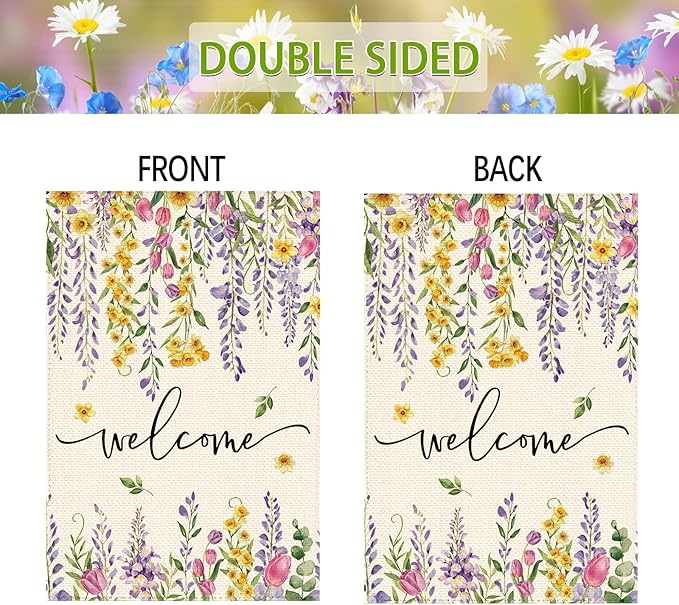Spring Summer Wisteria Wildflowers Welcome House Flag 28 x 40 Inch Double Sided, Daffodils Floral Large Yard Garden Flags Holiday Farmhouse Flags for Patio Outdoor Outside Decoration