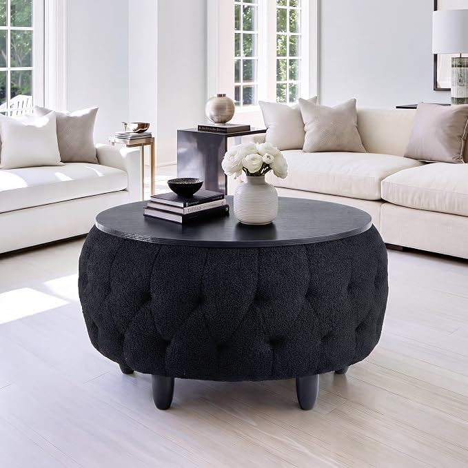 Large Round Storage Ottoman Coffee Table with Wooden Tabletop, 32 Inches Teddy Fleece Tufted Ottoman for Living Room, Bedroom, Apartments (Black)