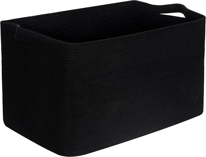MINTWOOD Design 22in Extra Large Blanket Basket Holder Living Room, Rectangle Rope Woven Storage Basket with Handles for Laundry, Pool Towels, and Shoes, Dog Toy Organizer Bin Box, Full Black