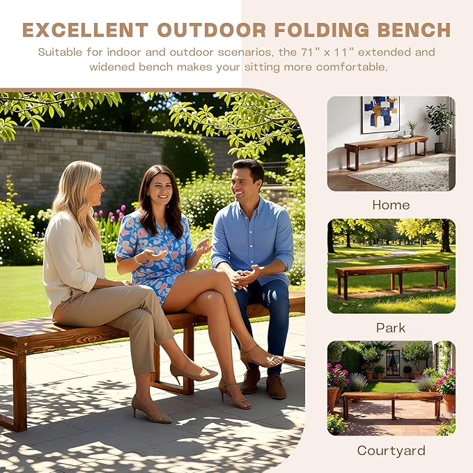 6Ft Outdoor Solid Wooden Bench, 71" Porch Bench Outdoor Backless Garden Bench, Long Outdoor Narrow Wood Bench for Deck Patio Entryway,Bears 900 pounds