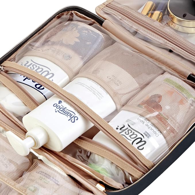 NISHEL Travel Toiletry Bag for women, Portable Hanging makeup Organizer | for Travel-Sized Shampoo, Conditioner, Brushes Set, makeup Accessories, Large Size, Black