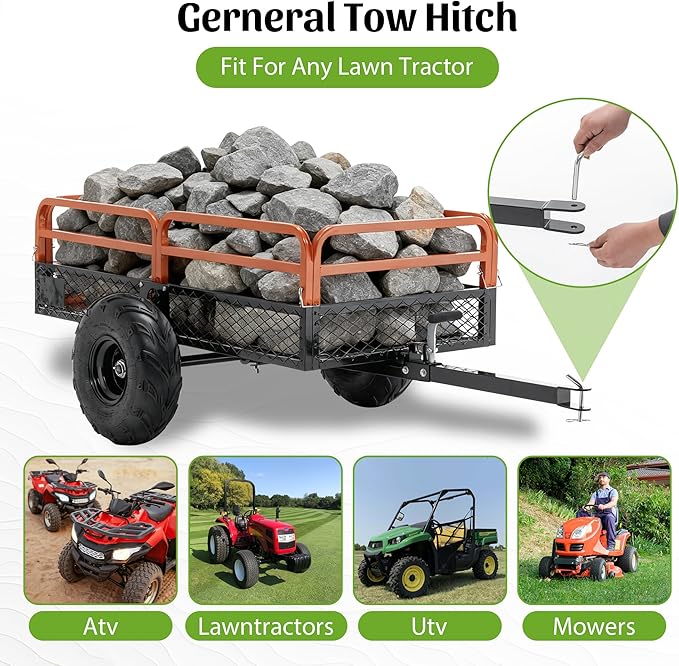Heavy Duty 1500LBS Capacity 15 Cu.ft Dump Cart Trailer with Dual-Control Dumping for ATV UTV Lawn Tractor Zero-Turn Mower, All-Terrain Pneumatic Tires & Rust Resistant Steel Construction