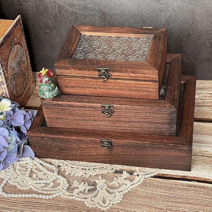 Decorative Box, Vintage Wooden Storage Box with Glass Lid, Keepsake Box, Decorative Storage Box for Photo, Memory, Jewelry, Trinket, Christmas Gift and Home Decoration (Medium)