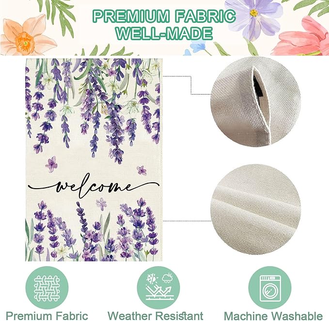 Baccessor Spring Summer Welcome Floral Garden Flag 12.5 x 18 Inch Double Sided Burlap Lavender Purple Flower Farmhouse Easter Small Yard Flag Holiday Seasonal Outdoor Outside Decoration