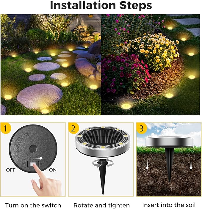 6 Pack Solar Ground Lights Outdoor, 8 LED Mini Flat Solar Disk Lights, IP65 Waterproof Anti-Rust Disc Light, Landscape Lighting for Garden Pathway Yard Walkway Driveway Lawn,Warm White