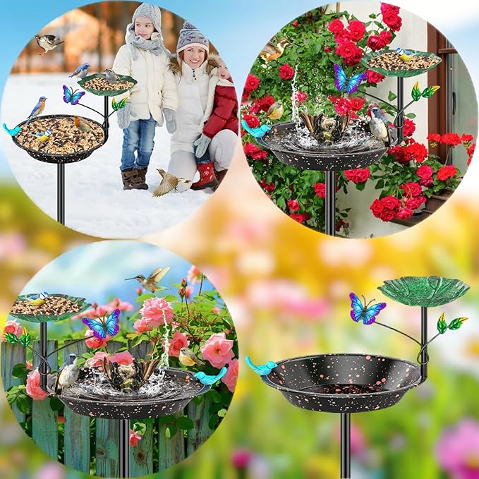 Metal Bird Bath for Outside Garden Birdbath Bowl, Freestanding Bird Feeders for Outdoors with 5 Prongs Base Stake, Standing Birdfeeders Birdbath Bowl for Yard Decor(Black-2-in-1-Butterfly)