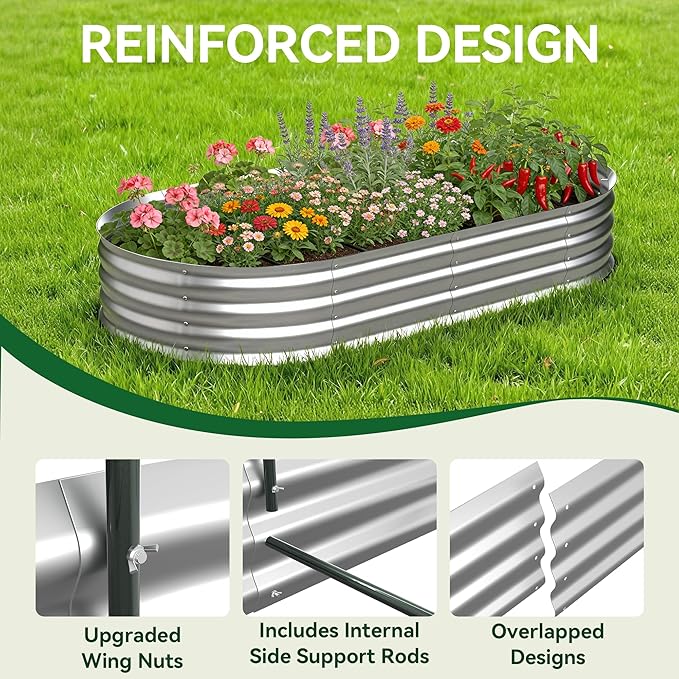Lineware Raised Garden Bed with Self-Watering System, 6x3x1 ft Elevated Planter Boxes Outdoor with Mesh Cover, Oval Galvanized Raised Beds for Gardening,Vegetables,Flowers, Backyard, Patio