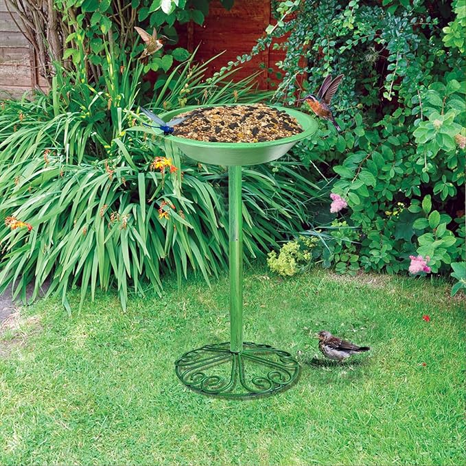 WANGIRO Stand Bird Baths for Outdoors 12 Inch Outdoor Garden Bird Feeder Metal Birdbath with Magnetic Dragonfly for Backyard Birding Freestanding for Garden Yard and Lawn Decoration-Green