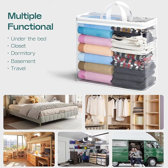 10PACK Clear Zippered Storage Bags for Clothes, 22L Plastic Clothes and Under-Bed Storage Organizers, Blanket Storage Bags for Bedding, Linen, Blankets, Comforters, Clothing & Toys (White)