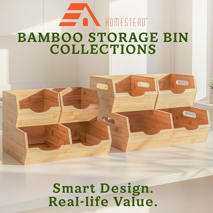 HOMESTEAD Extra Large Bamboo Pantry Storage Bins ā 30% Larger, Stackable Potato Onion Storage Bin, Large Pantry Organizers and Storage, Produce Vegetable Organizer, Set of 3
