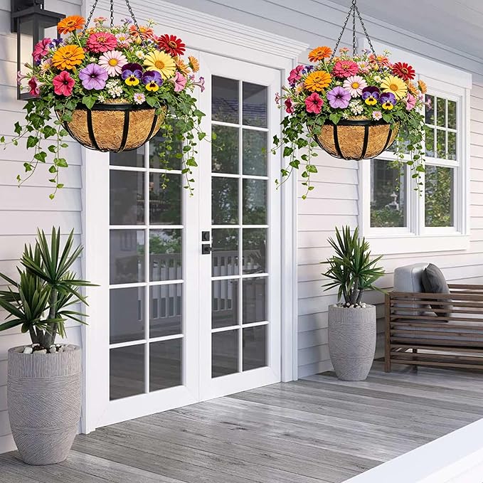 2 Pack 12 Inch Metal Outdoor Hanging Baskets Black Heavy Duty Hanging Planters with Coco Liners for Indoor Outdoor Plants Gardens Patios Terraces(Flat Iron)