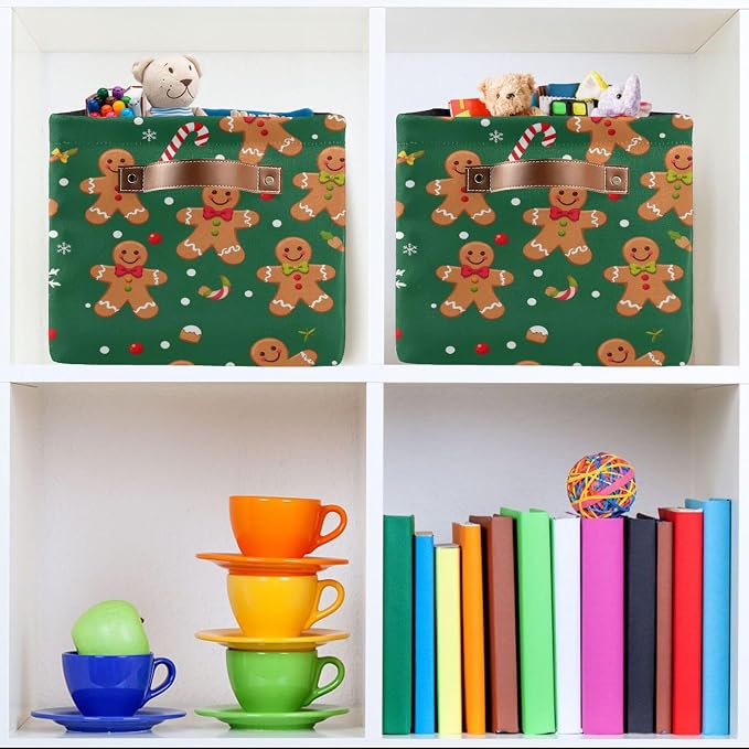 Christmas Gingerbread Man Storage Basket with Waterproof Liner and PU Handles Green Winter Cane Candy Snowflake Storage Boxes 14.2" Collapsible Decorative Organizer Baskets for Bedroom Closet 2 Pack