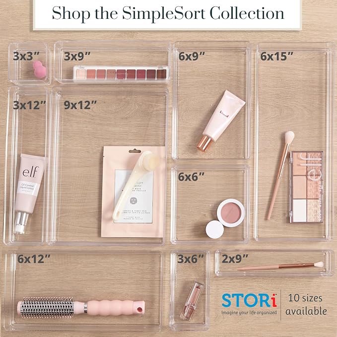 STORi SimpleSort 2-Piece Stackable Clear Drawer Organizer Set | 12" x 9" x 2" Rectangle Trays | Wide Makeup Vanity Storage Bins and Office Desk Drawer Dividers | Made in USA