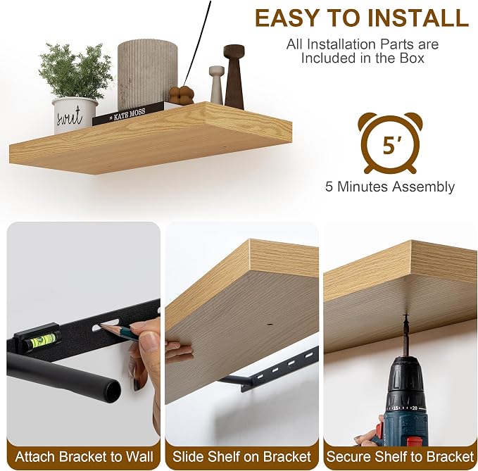 Fun Memories Floating Shelves 36 Inch Long, Deep Floating Shelf for Wall, 36 x 8 Floating Shelves Set of 2, 8 Inch Deep Wall Shelf for Living Room, Kitchen, Bedroom, Large Storage Shelves, Oak Color