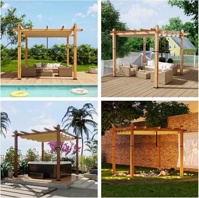 10' X 10' Outdoor Pergola with Retractable Canopy Aluminum Pergola Faux Wood Metal Pergolas Shelter for Backyard, Deck, Patio, Garden Porch Beach Sun Shade Pavilion Grape Trellis Grill, Khaki