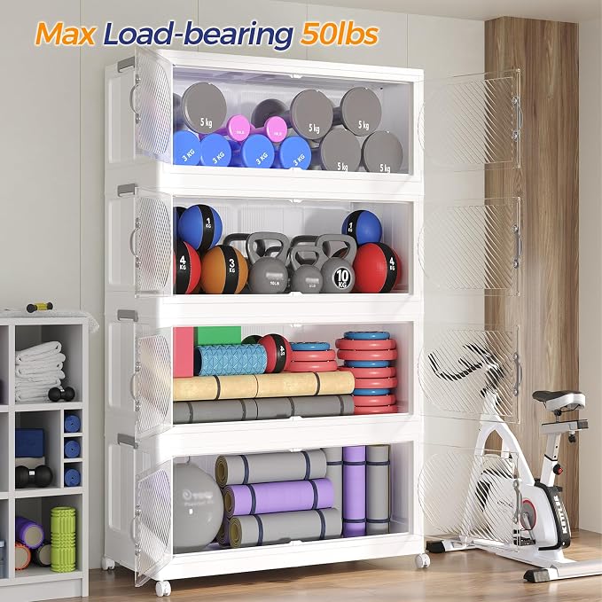 720QT Extra Large Stackable Storage Bins with Lid, 180Gal Plastic Closet Organizers and Storage Drawer, Collapsible Cabinet Box with Wheels Clear Doors for Home Kitchen Garage, 6Pack White