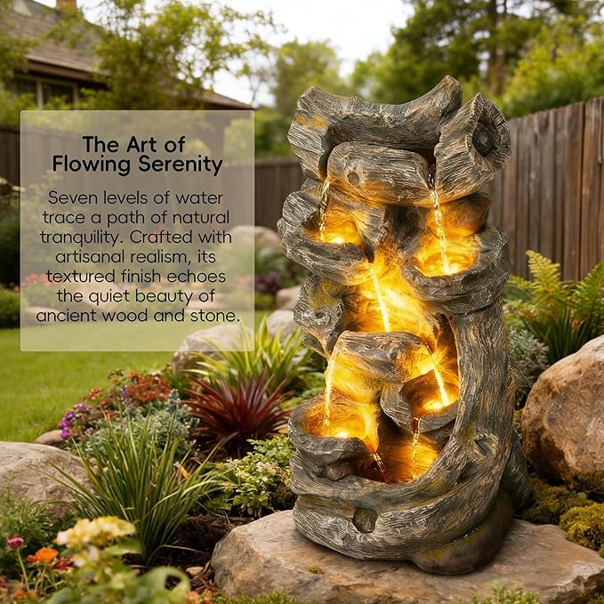 7-Tier Cascading Outdoor Fountain with LED Lights, 37.2" H Fountains and Waterfalls Realistic Tree Trunk for Garden, Patio, Yard Decor