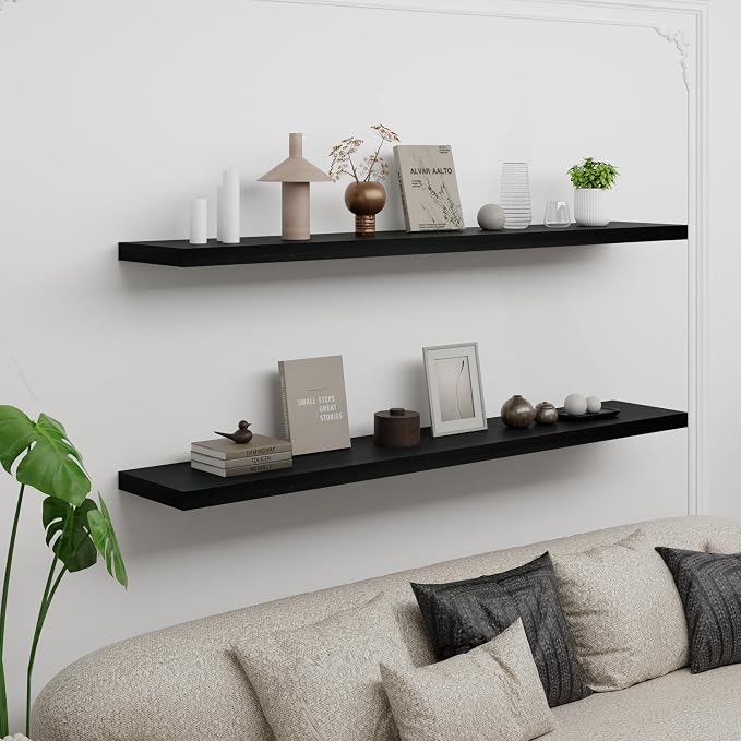 IAE Floating Wall Shelves 55 inch,Bathroom Shelving Wall Mounted,Black | Invisible Shelf Floating Kitchen Shelves,Wooden wall Shelf with Brackets for Living Room wall Mounted,Easy Install,Set of 2
