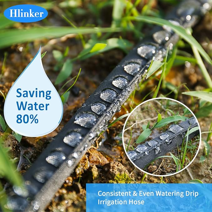 Hlinker Flat Soaker Hose 75 FT for Garden Beds, 75Ft 1/2" Linkable Consistent Drip Irrigation Hose Save 80% Water, Leakproof Heavy Duty Double Layer Sprinkler Hose