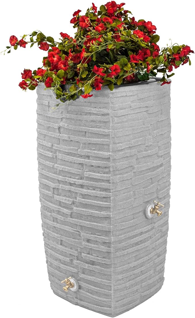 Good Ideas Impressions Riverwalk 50 Gal Plastic Rain Barrel Light Granite Bundled with 50’ Soaker Hose, Gradual Water Release, for 3/4" Spigots, Black