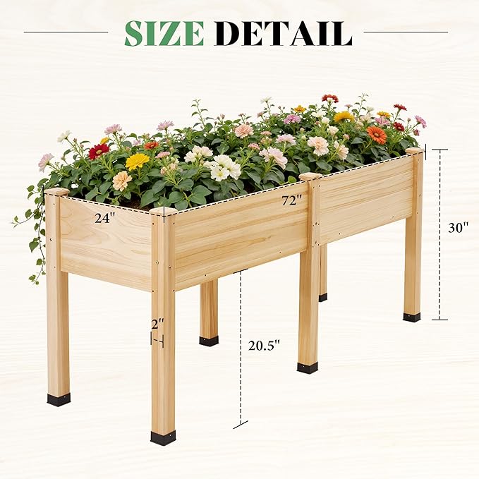 AMERLIFE Raised Garden Bed, 72x24x30 Inches Elevated Wood Planter Box with Legs, Bed Liner, Divider and Drainage System for Backyard, Patio, 300 lb Capacity - Light Wood