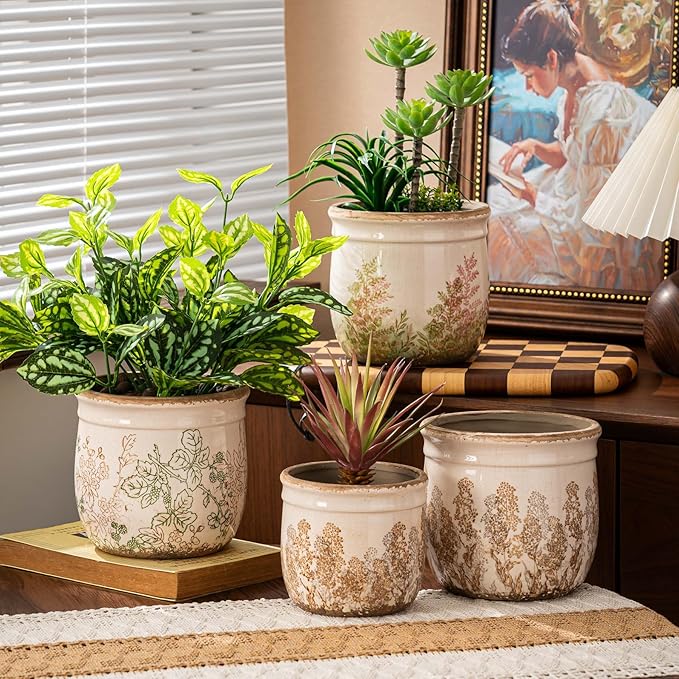 SURE YUESI for Mom from Daughter or Son, Set of 2 Ceramic Planters 4.7” & 5.7”, Vintage Brown Rustic Flower Pots Without Drainage Hole, Decorative Indoor Plant Pots for Home Decor, Living Room