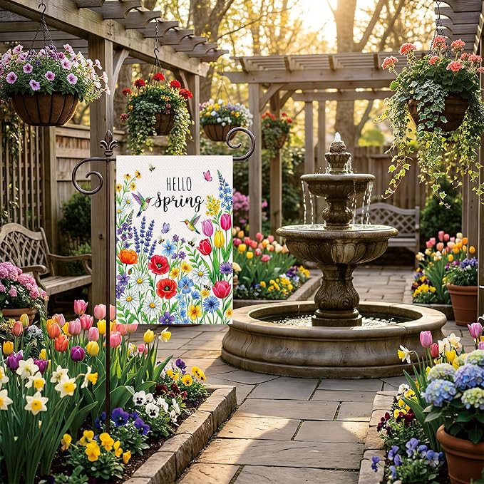 Spring Summer Floral Welcome Garden Flag Hello Spring Tulip Lavender Garden Flag 12x18 Inch Double Sided 12x18 Inch Double-Sided Linen Holiday Outdoor Yard Decorative Flag