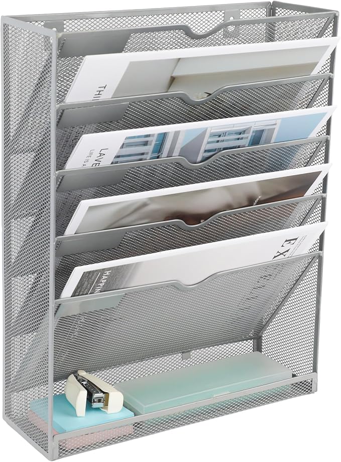 EASEPRES 6 Tier Mesh Hanging Wall File Organizer, Desk Vertical Mail Paper Document Folder Holder Rack with Bottom Tray and Nametag Label for Office Home School, Gray