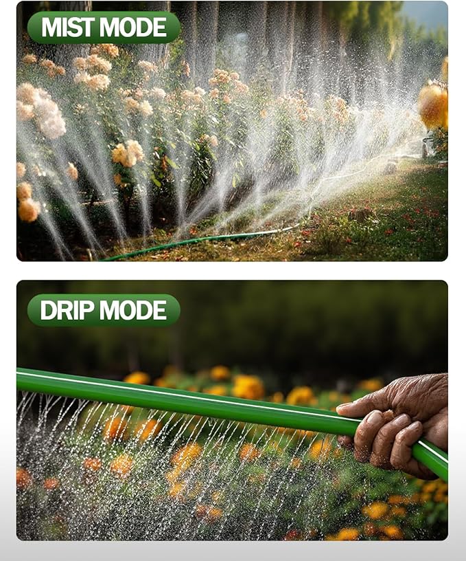 Breeze Touch 50FT Sprinkler Hoses for Lawn, Three-Tube Flat Sprinkler Hose with Holes, Heavy Duty Soaker Hose for Garden with U-Shaped Stakes, Flexible Irrigation Hose for Yard