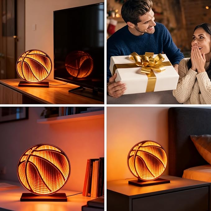3D Basketball Infinity Mirror Light, LED Infinity Mirror Night Light with Glowing Sports Effect, USB Powered 3D LED Lights for Man Cave & Game Room, Unique Basketball Gift for Boys Men, 9.1"