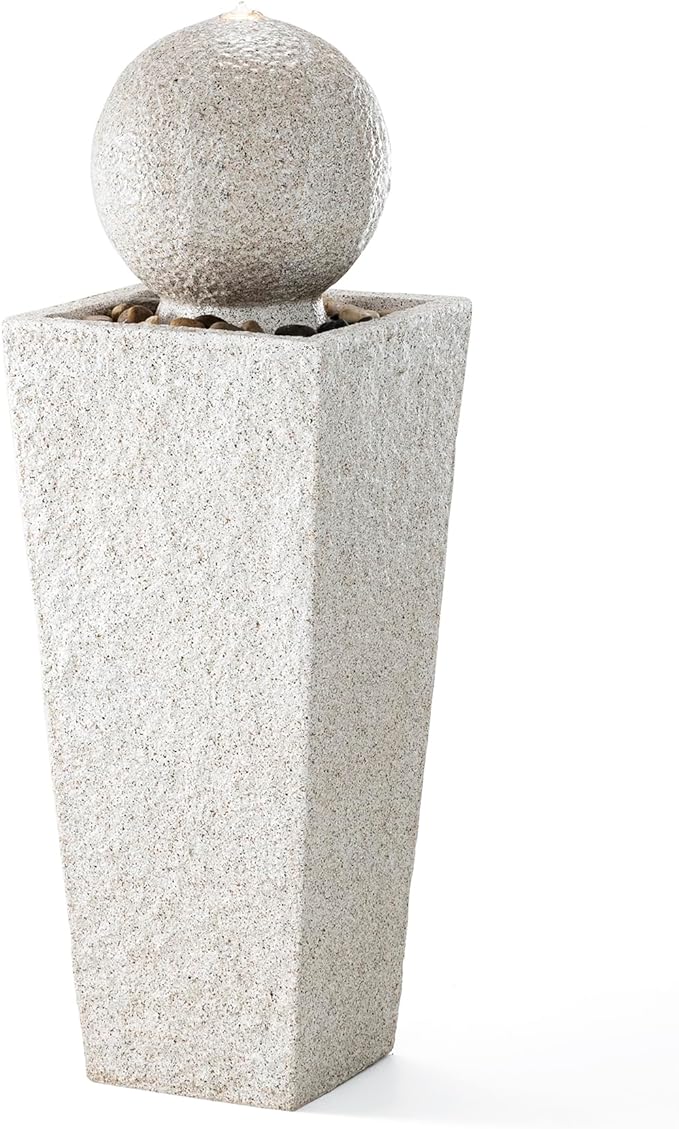 Glitzhome Outdoor Water Fountain, 40.25" H Modern Geometric Pedestal and Sphere Waterfall Fountain, Outdoor Fountain with Pebbles, Pump and LED Light, Garden Fountain for Patio, Backyard, Porch Decor
