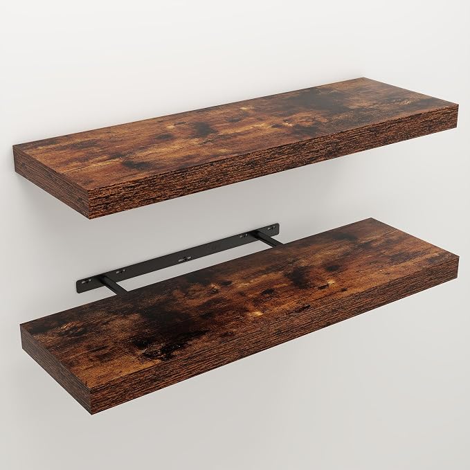 30" Brown Floating Shelves Wood Wall Shelf, Rustic Brown, Set of 2 | Wall Mounted Wood Shelves, For Bathroom, Bedroom, Living Room, Kitchen, Hanging Shelf for Books/Storage/Room Décor