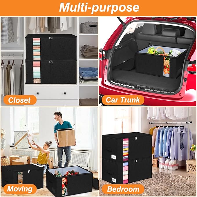 60L Rigid-Sided Blanket Storage Bags, 2 Pack, Black