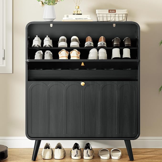Decofy Shoe Cabinet with 2 Flip Drawers, Expanded Panel for Long Footwear, Freestanding Shoe Storage Cabinet with 3-Gear Adjustable Shelves, Narrow Shoe Cabinets for Entryway, Solid Wood Legs, Balck