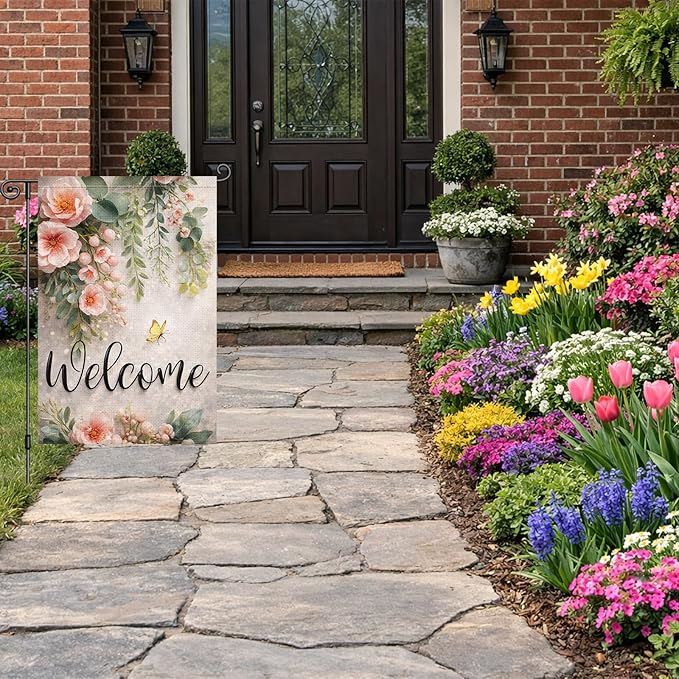 Heyfibro Spring Welcome Garden Flag 12x18 Inch Double Sided Butterfly Peony Eucalyptus Garden Flag Small Yard Flags for Outside House Farmhouse Seasonal Spring Outdoor Decorations