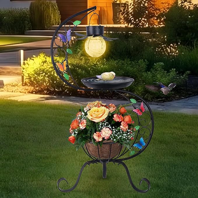 hogardeck Bird Bath for Outside with Solar Lamp, Metal Birdbaths for Outdoors with Flower Planter Pedestal, Vintage Birdbath for Garden Yard Patio Lawn Decor